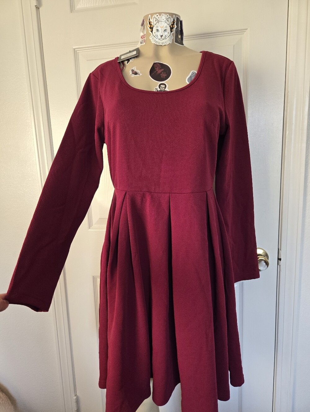 Women's Long Sleeve Burgundy Fit-and-Flare Dress
